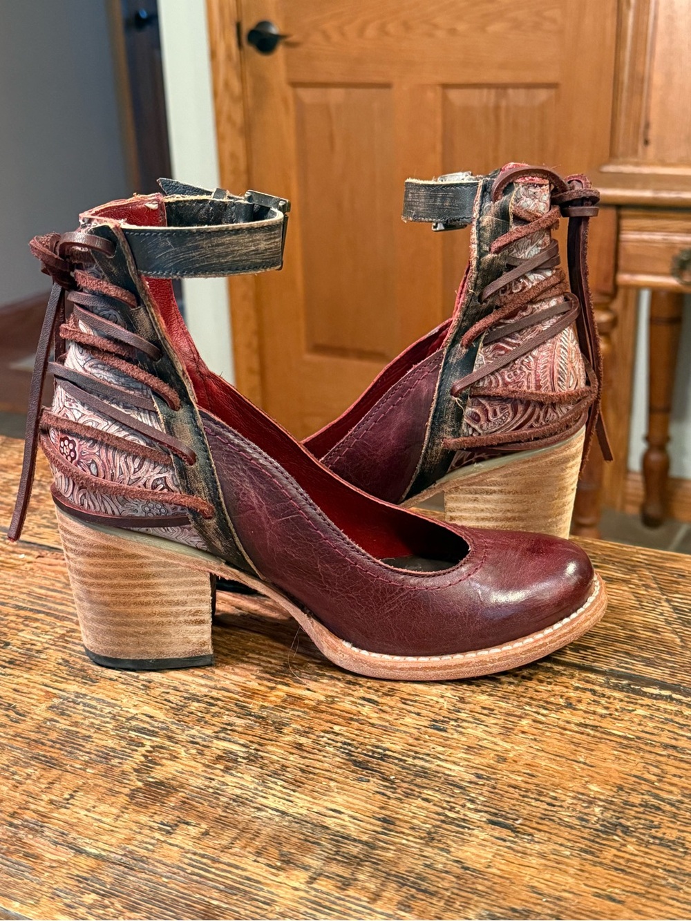 Freebird by Steven Raeanne Burgundy Leather Ankle-Strap Block Heels - Picture 4 of 10